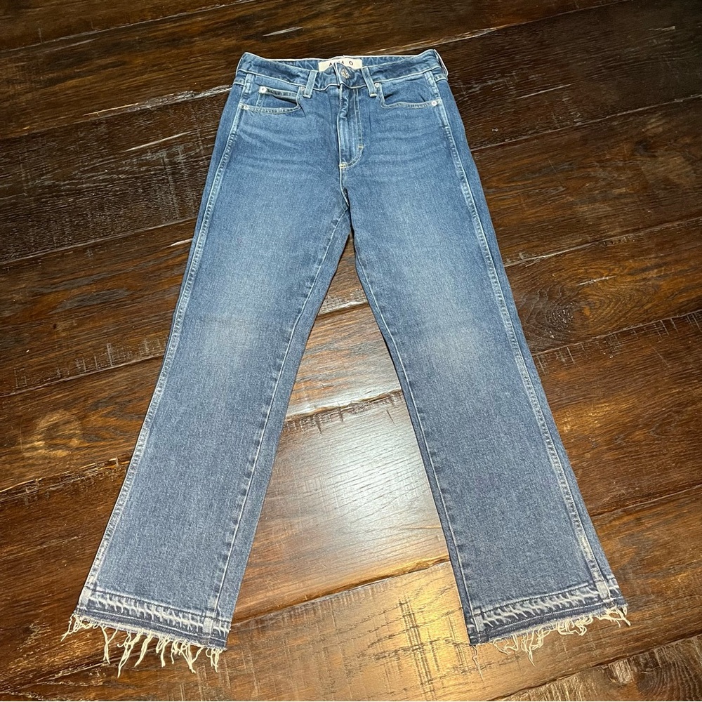 AMO Denim High Rise Bella Crop Crush Raw Hem Sz 27 Straight Leg Blue Jeans